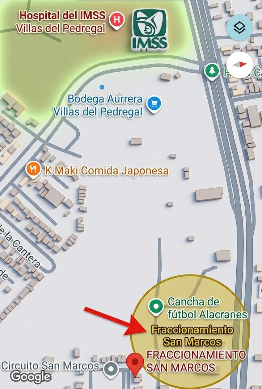 Imagen de referencia de ubicación del fraccionamiento San Marcos, junto al IMSS